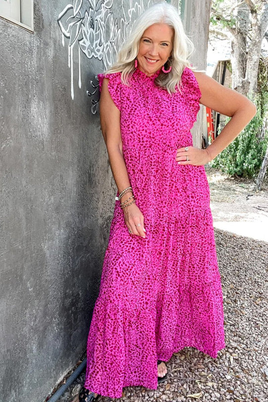 Long Ruffled Rose Pink Leopard Dress - Klazzi Fashion Boutique