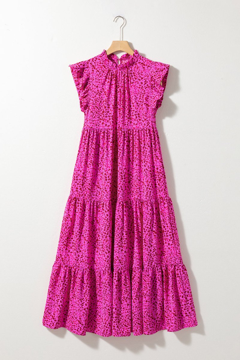 Long Ruffled Rose Pink Leopard Dress - Klazzi Fashion Boutique