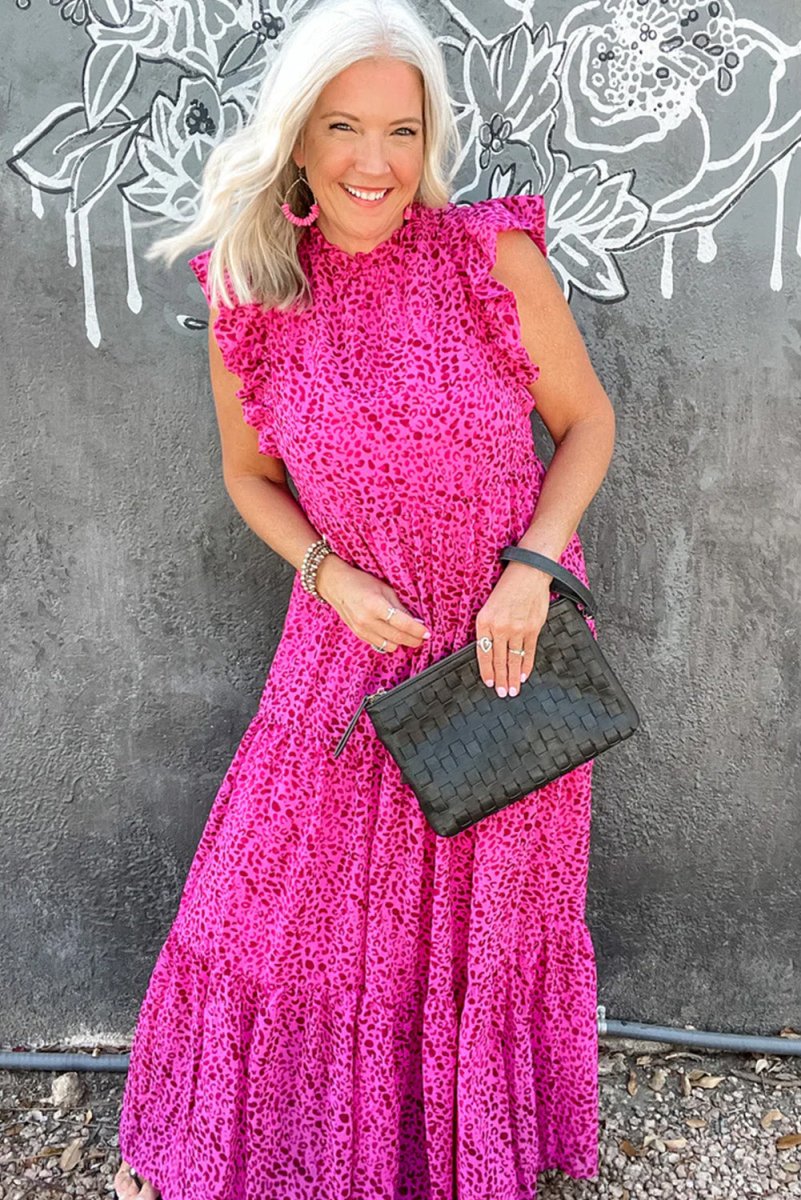 Long Ruffled Rose Pink Leopard Dress - Klazzi Fashion Boutique