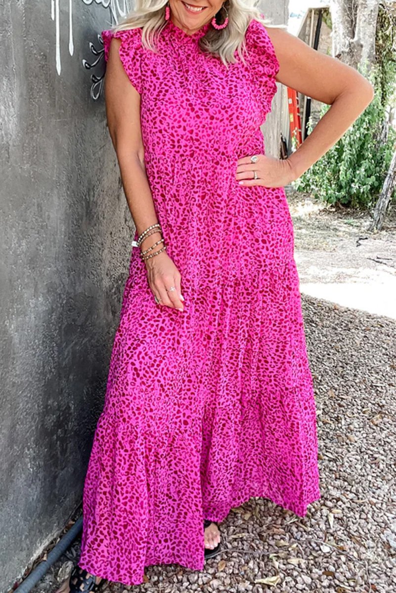 Long Ruffled Rose Pink Leopard Dress - Klazzi Fashion Boutique