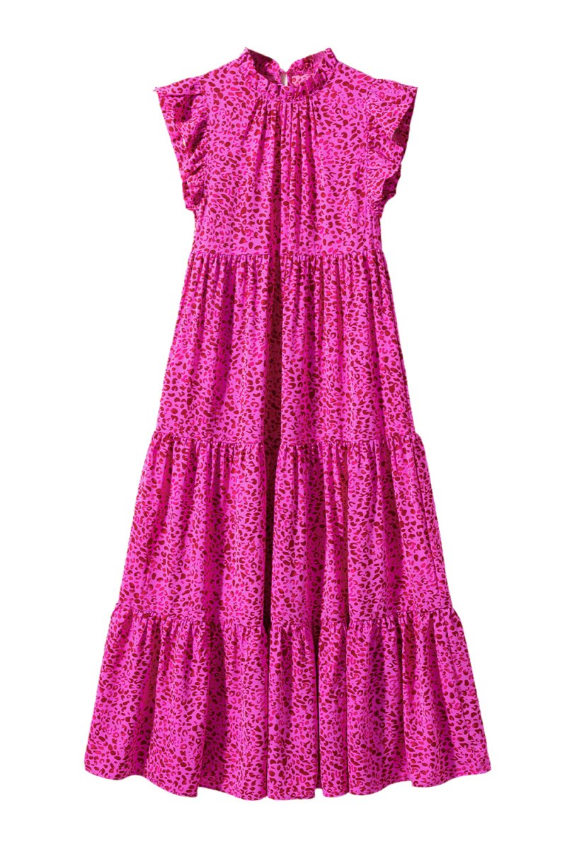 Long Ruffled Rose Pink Leopard Dress - Klazzi Fashion Boutique