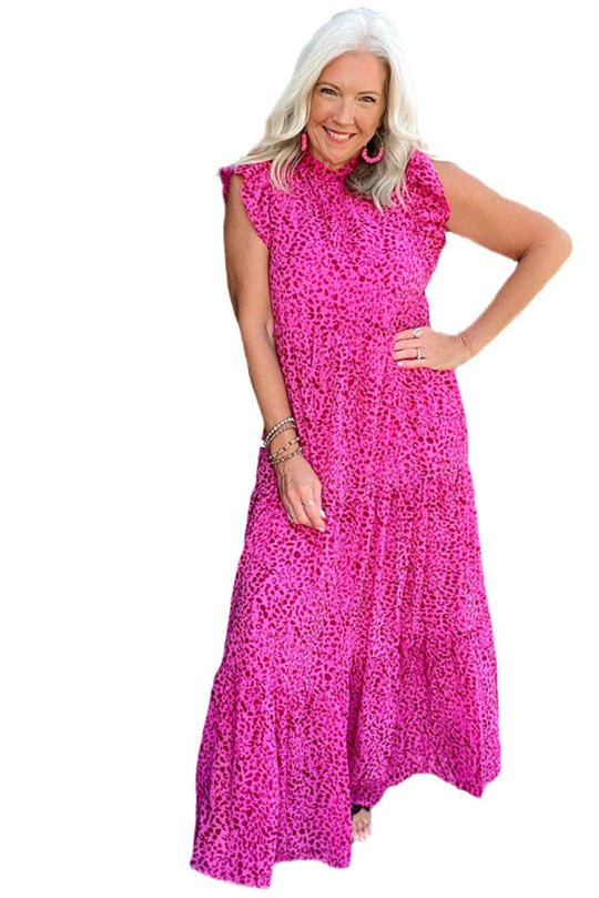 Long Ruffled Rose Pink Leopard Dress - Klazzi Fashion Boutique