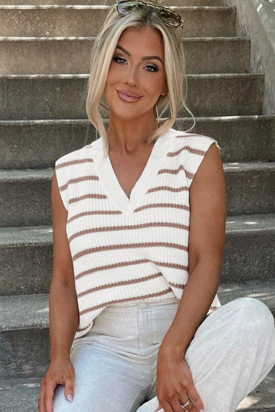 Loose Khaki Stripe Knitted Sweater Vest - Klazzi Fashion Boutique