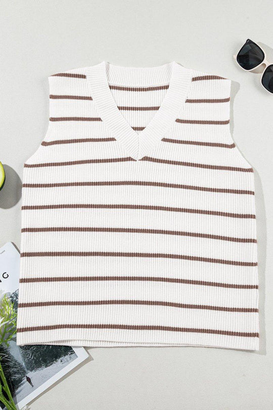 Loose Khaki Stripe Knitted Sweater Vest - Klazzi Fashion Boutique