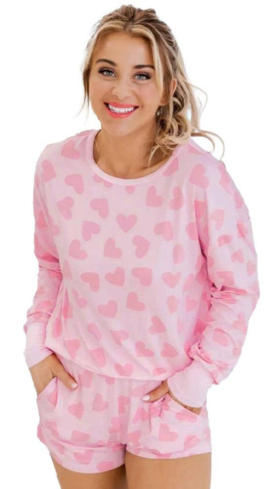 Lots Of Love Pink Valentine Hearts Long Sleeve Shorts Lounge Set - Klazzi Fashion Boutique