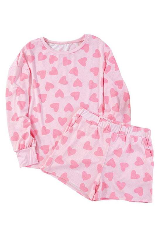 Lots Of Love Pink Valentine Hearts Long Sleeve Shorts Lounge Set - Klazzi Fashion Boutique