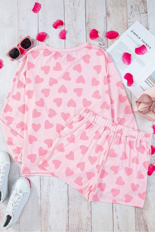 Lots Of Love Pink Valentine Hearts Long Sleeve Shorts Lounge Set - Klazzi Fashion Boutique