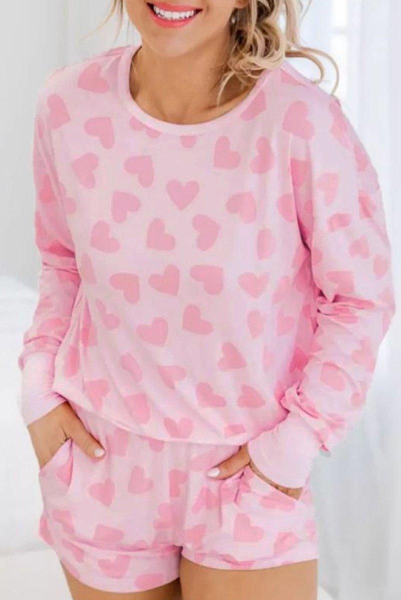 Lots Of Love Pink Valentine Hearts Long Sleeve Shorts Lounge Set - Klazzi Fashion Boutique