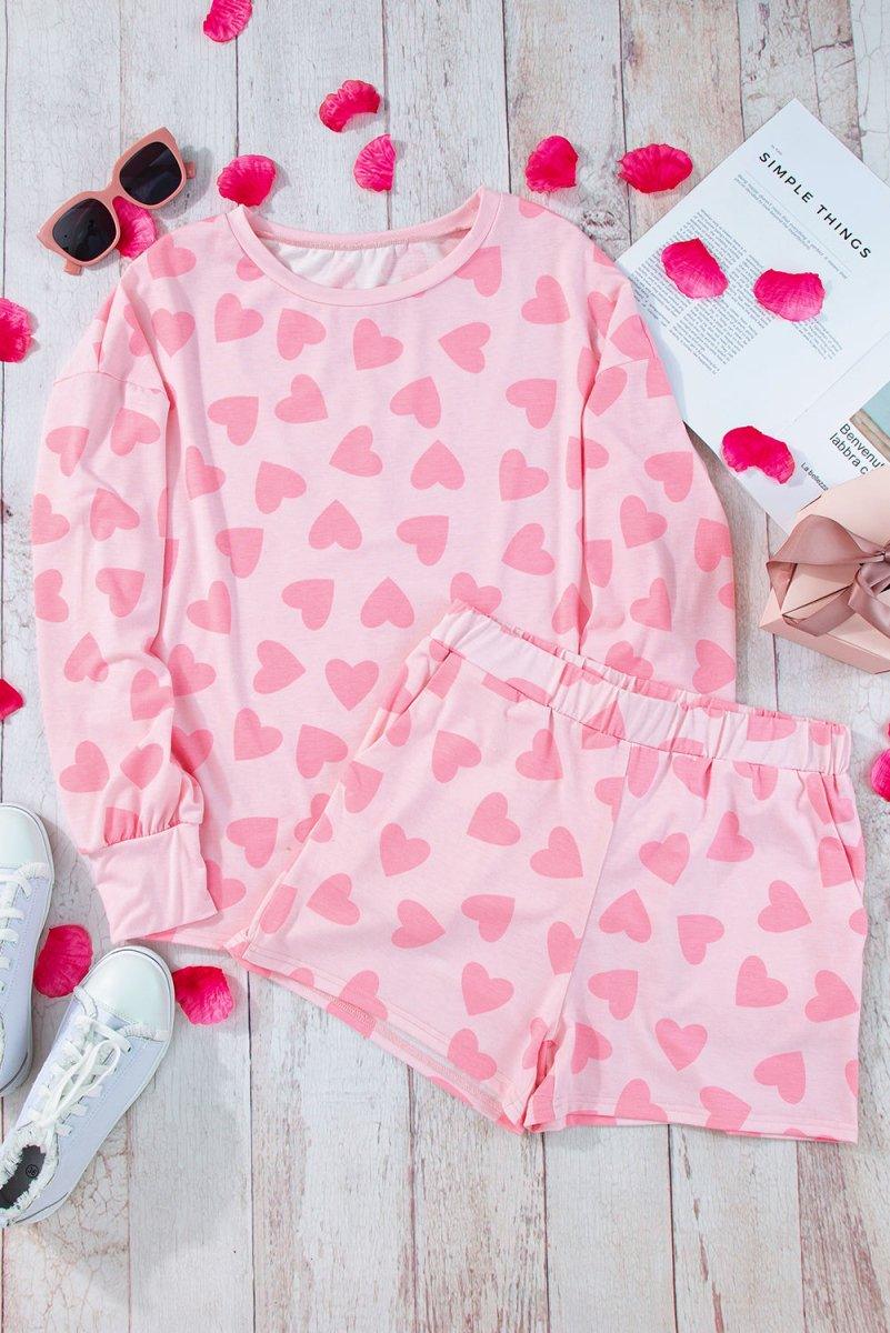 Lots Of Love Pink Valentine Hearts Long Sleeve Shorts Lounge Set - Klazzi Fashion Boutique