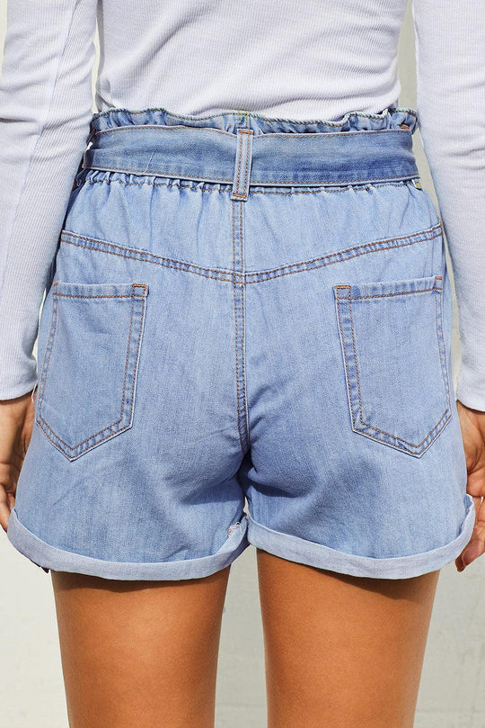 Medium Blue Paper Bag Waist Denim Shorts - Klazzi Fashion Boutique