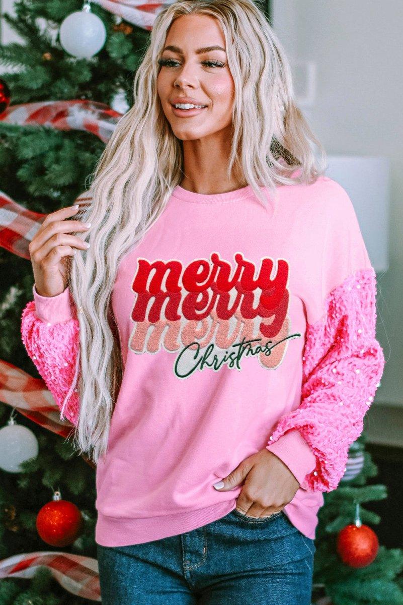 Merry, Merry, Merry Christmas Sequin Graphic Sweater - Klazzi Fashion Boutique