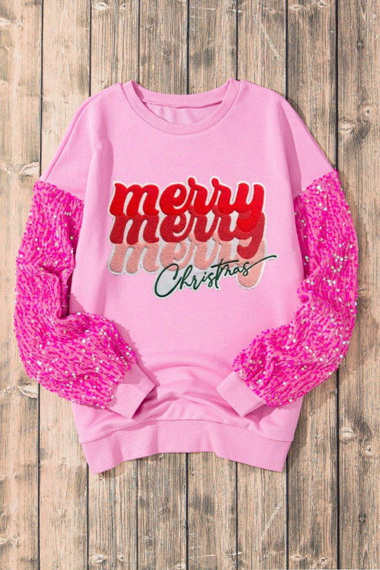 Merry, Merry, Merry Christmas Sequin Graphic Sweater - Klazzi Fashion Boutique