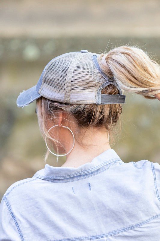 Messy Bun Distressed Cap - Klazzi Fashion Boutique