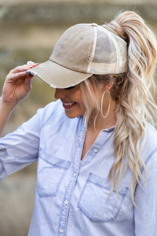 Messy Bun Distressed Cap - Klazzi Fashion Boutique