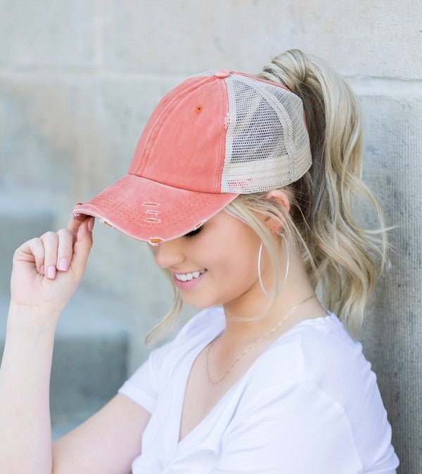 Messy Bun Distressed Cap - Klazzi Fashion Boutique