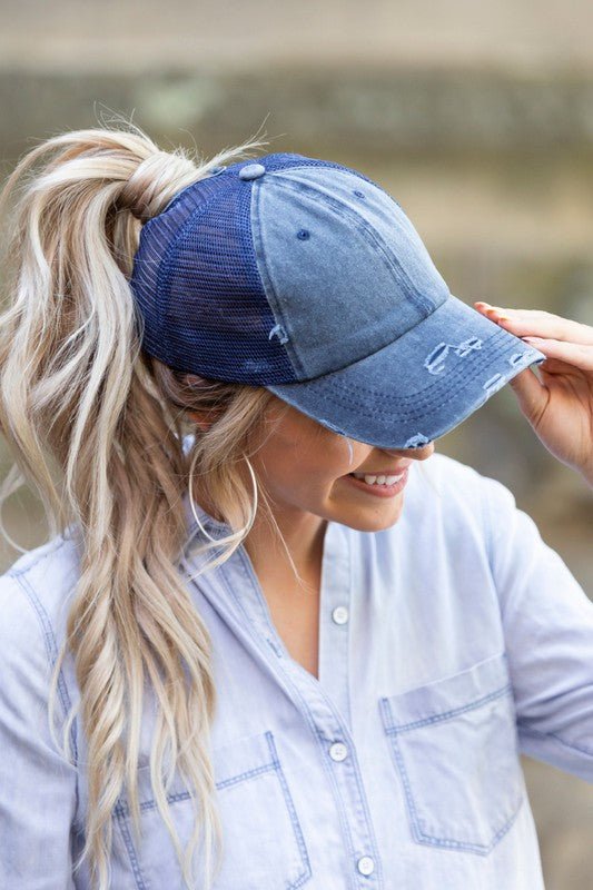 Messy Bun Distressed Cap - Klazzi Fashion Boutique