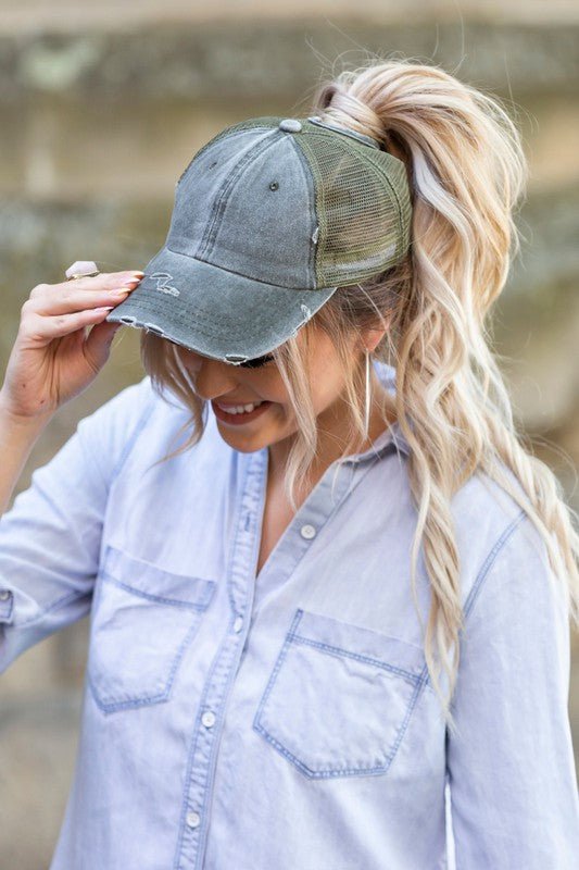 Messy Bun Distressed Cap - Klazzi Fashion Boutique