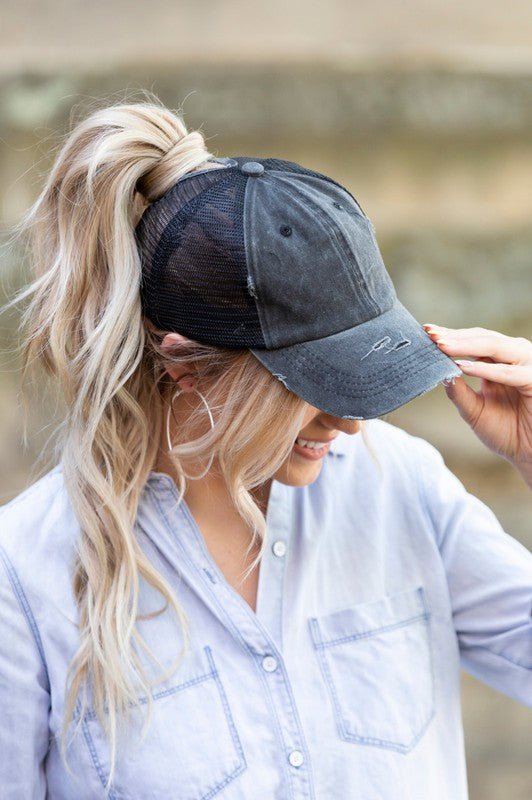 Messy Bun Distressed Cap - Klazzi Fashion Boutique