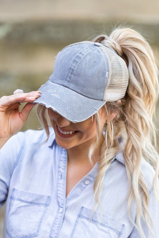 Messy Bun Distressed Cap - Klazzi Fashion Boutique