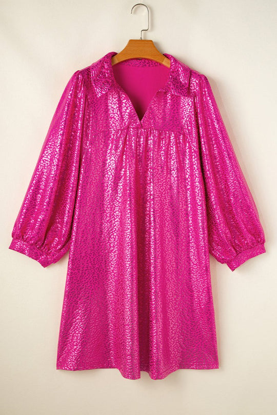 Metallic Hot Pink Leopard Collared Mini Dress - Klazzi Fashion Boutique