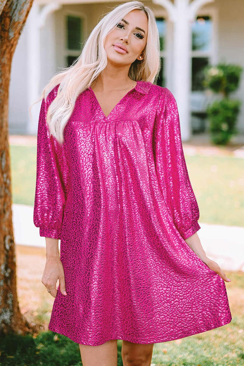 Metallic Hot Pink Leopard Collared Mini Dress - Klazzi Fashion Boutique