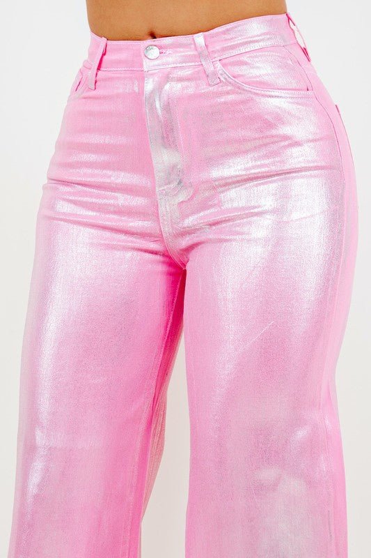 Metallic Pink Wide Leg Jean - Klazzi Fashion Boutique