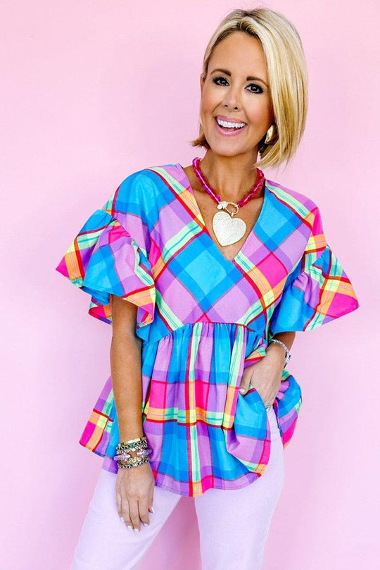 Misty Blue Plaid Multicolor Ruffled Blouse - Klazzi Fashion Boutique