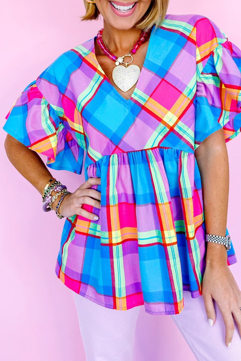 Misty Blue Plaid Multicolor Ruffled Blouse - Klazzi Fashion Boutique