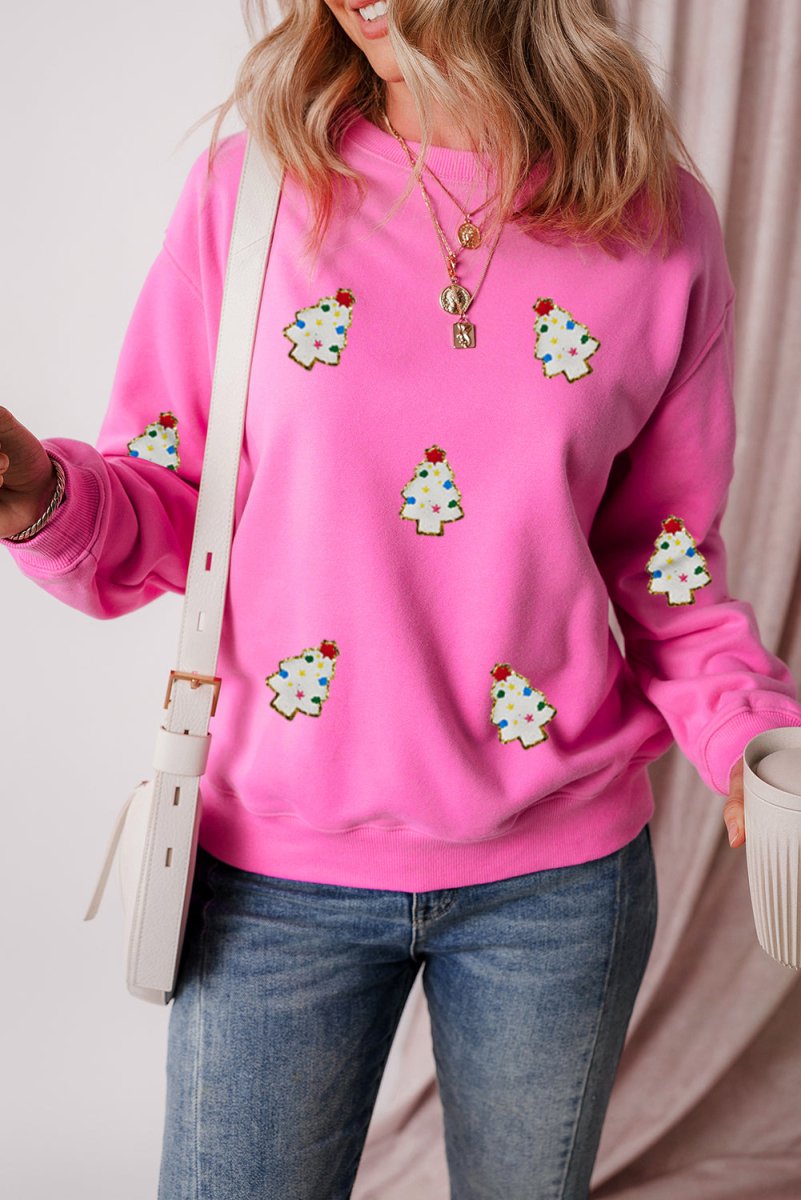 Multicolor Christmas Trees Pink Sweatshirt - Klazzi Fashion Boutique