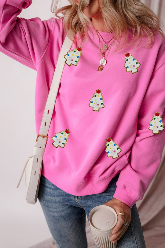 Multicolor Christmas Trees Pink Sweatshirt - Klazzi Fashion Boutique