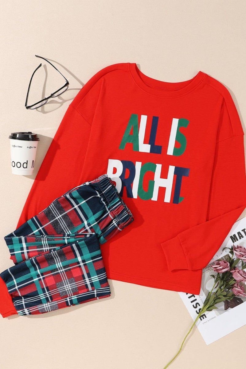 Multicolor Plaid "ALL IS BRIGHT" Graphic Christmas Pajamas Set - Klazzi Fashion Boutique