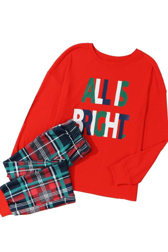 Multicolor Plaid "ALL IS BRIGHT" Graphic Christmas Pajamas Set - Klazzi Fashion Boutique