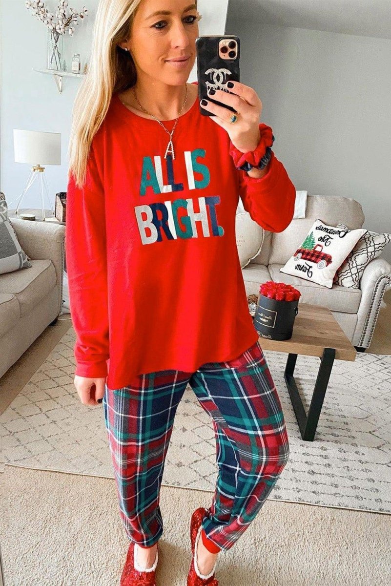 Multicolor Plaid "ALL IS BRIGHT" Graphic Christmas Pajamas Set - Klazzi Fashion Boutique