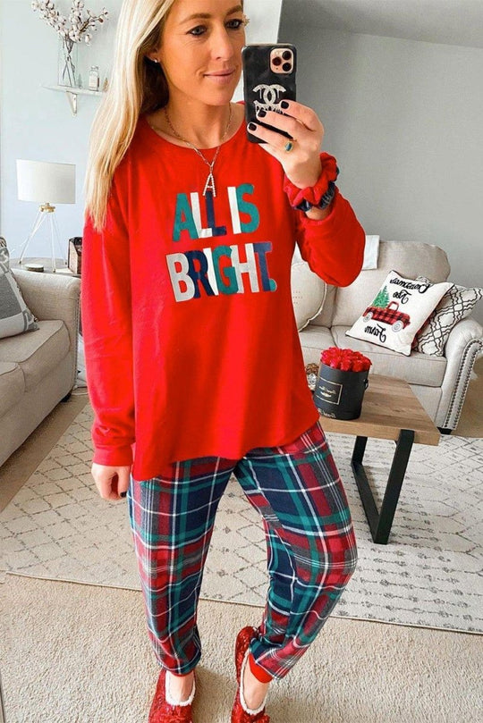 Multicolor Plaid "ALL IS BRIGHT" Graphic Christmas Pajamas Set - Klazzi Fashion Boutique