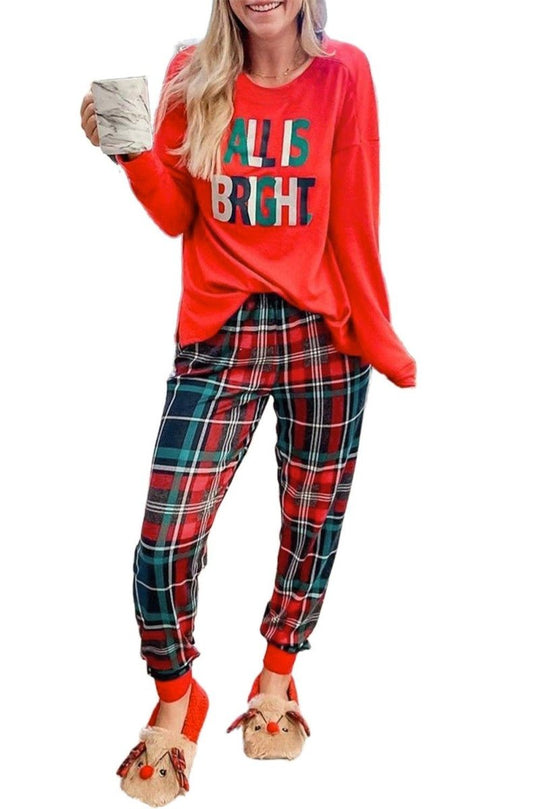 Multicolor Plaid "ALL IS BRIGHT" Graphic Christmas Pajamas Set - Klazzi Fashion Boutique