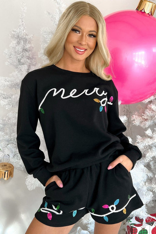 Multicolor Sequins "Merry" Christmas Lights Short Outfit - Klazzi Fashion Boutique