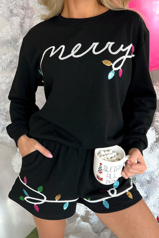 Multicolor Sequins "Merry" Christmas Lights Short Outfit - Klazzi Fashion Boutique