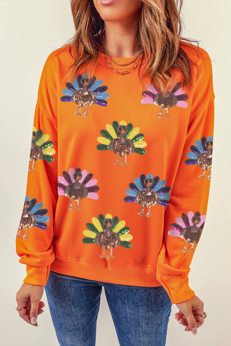 Multicolor Thanksgiving Sequins Turkeys Sweatshirt - Klazzi Fashion Boutique