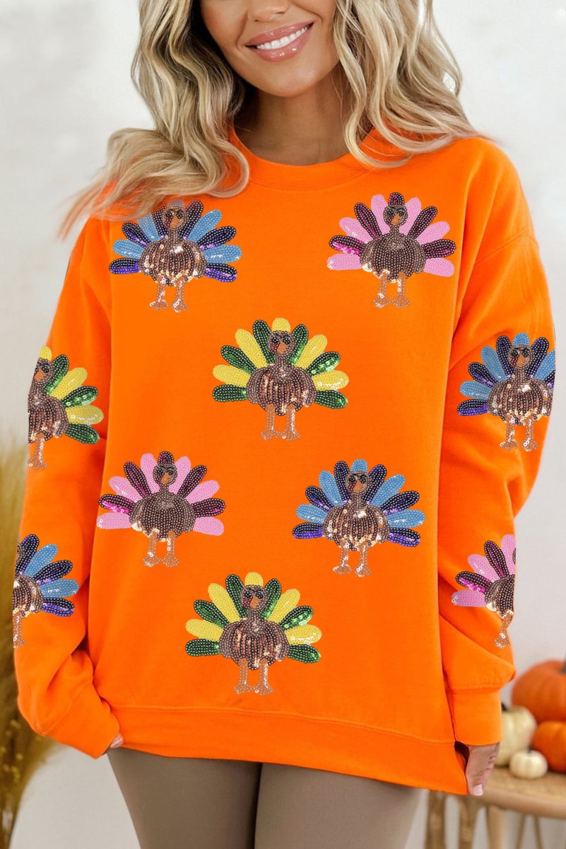 Multicolor Thanksgiving Sequins Turkeys Sweatshirt - Klazzi Fashion Boutique