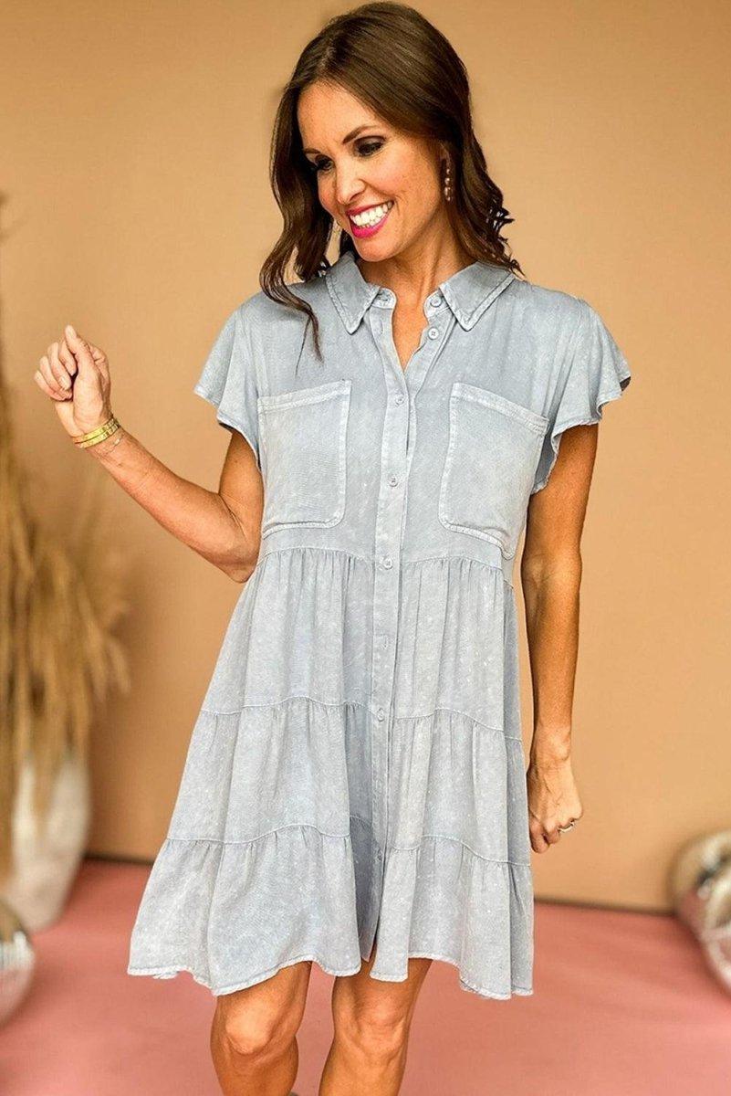 Natasha Ruffle Tiered Chambray Dress - Klazzi Fashion Boutique