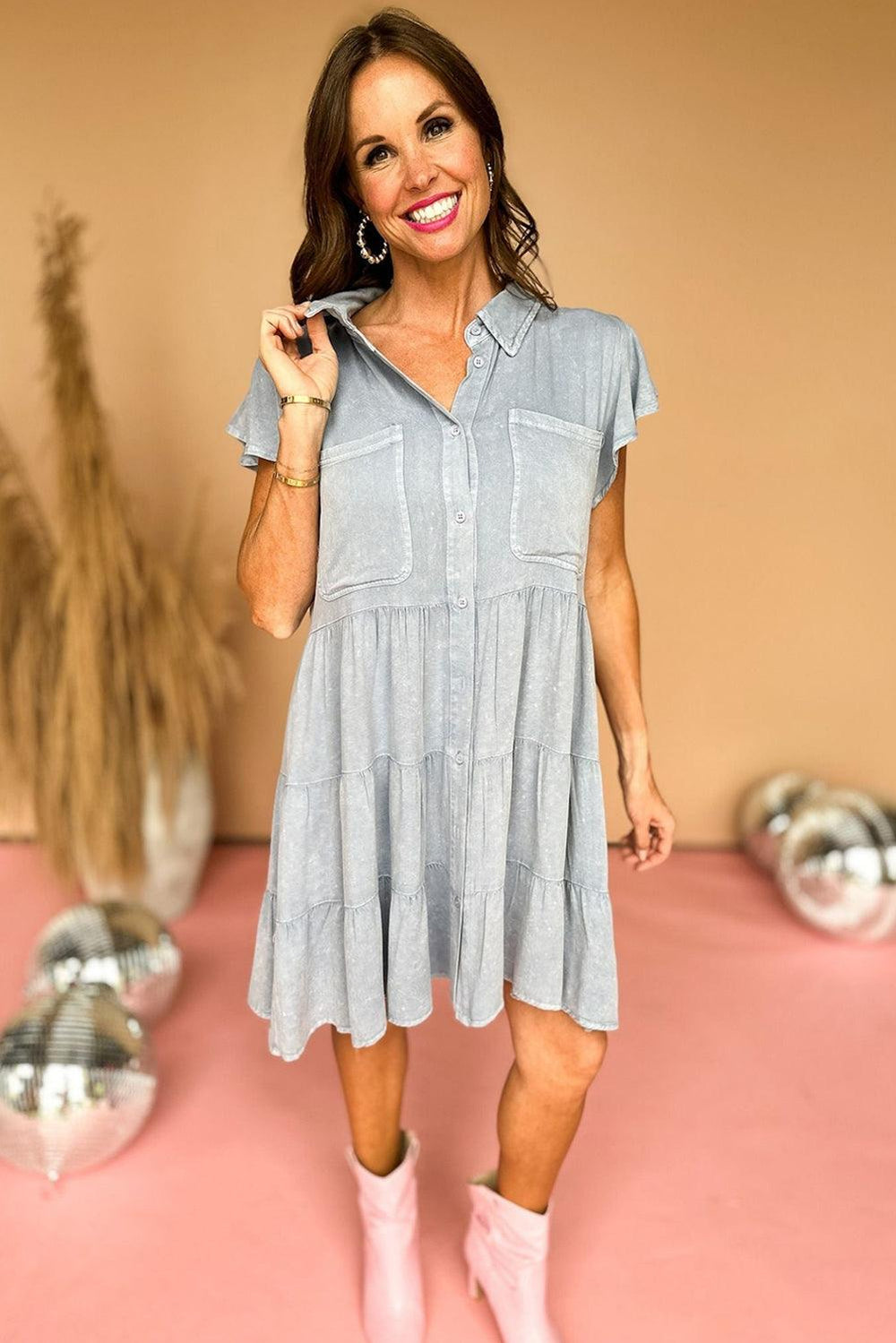 Natasha Light Grey Ruffle Tiered Chambray Dress