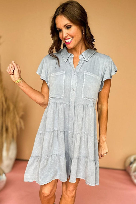 Natasha Light Grey Ruffle Tiered Chambray Dress