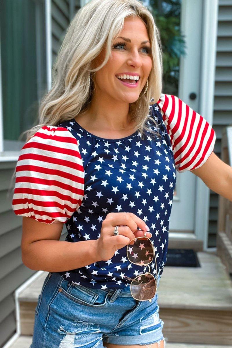 Navy 4th Of July Stars Stripes Blouse - Klazzi Fashion Boutique