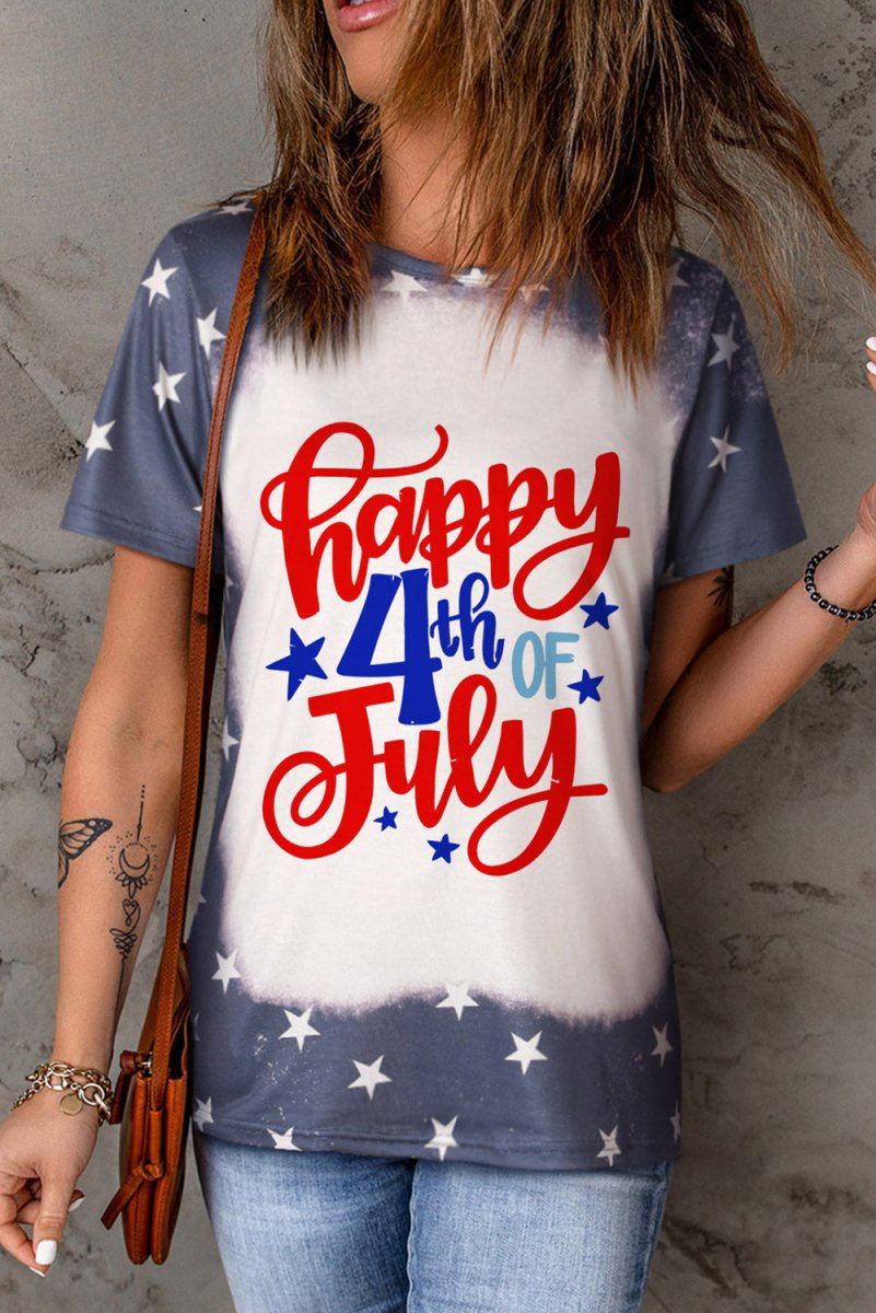 Navy Bleached "Happy 4th Of July" Stars Graphic T Shirt - Klazzi Fashion Boutique