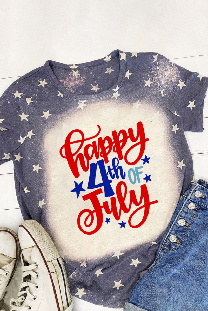 Navy Bleached "Happy 4th Of July" Stars Graphic T Shirt - Klazzi Fashion Boutique