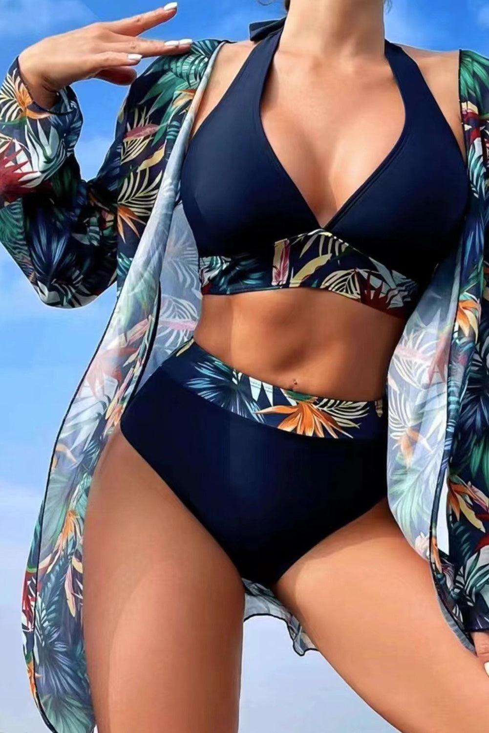 Navy Blue 3pcs Tropical Contrast Trim Halter Bikini Set with Cove up - Klazzi Fashion Boutique