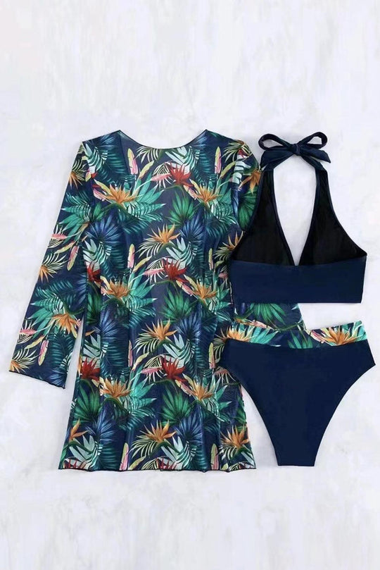 Navy Blue 3pcs Tropical Contrast Trim Halter Bikini Set with Cove up - Klazzi Fashion Boutique