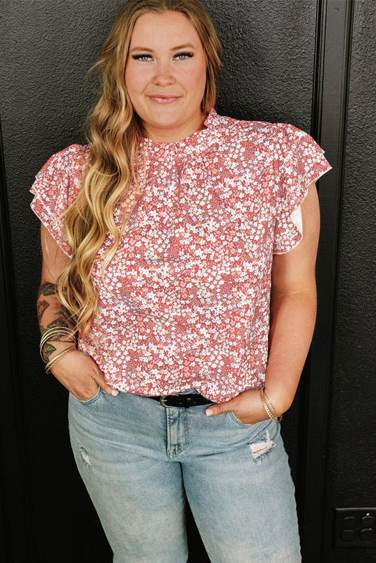 Nina Ruffled Pale Pink Plus Size Floral Blouse - Klazzi Fashion Boutique