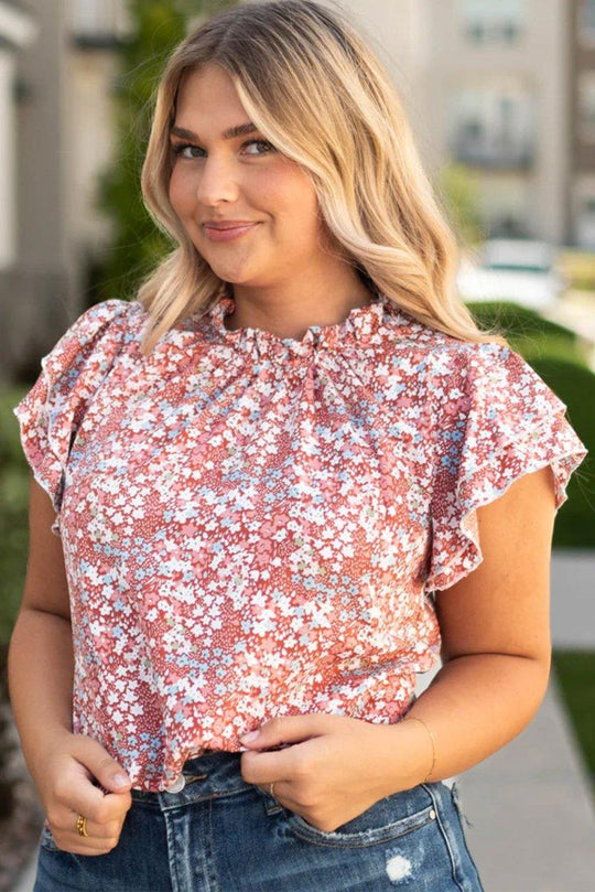 Nina Ruffled Pale Pink Plus Size Floral Blouse - Klazzi Fashion Boutique