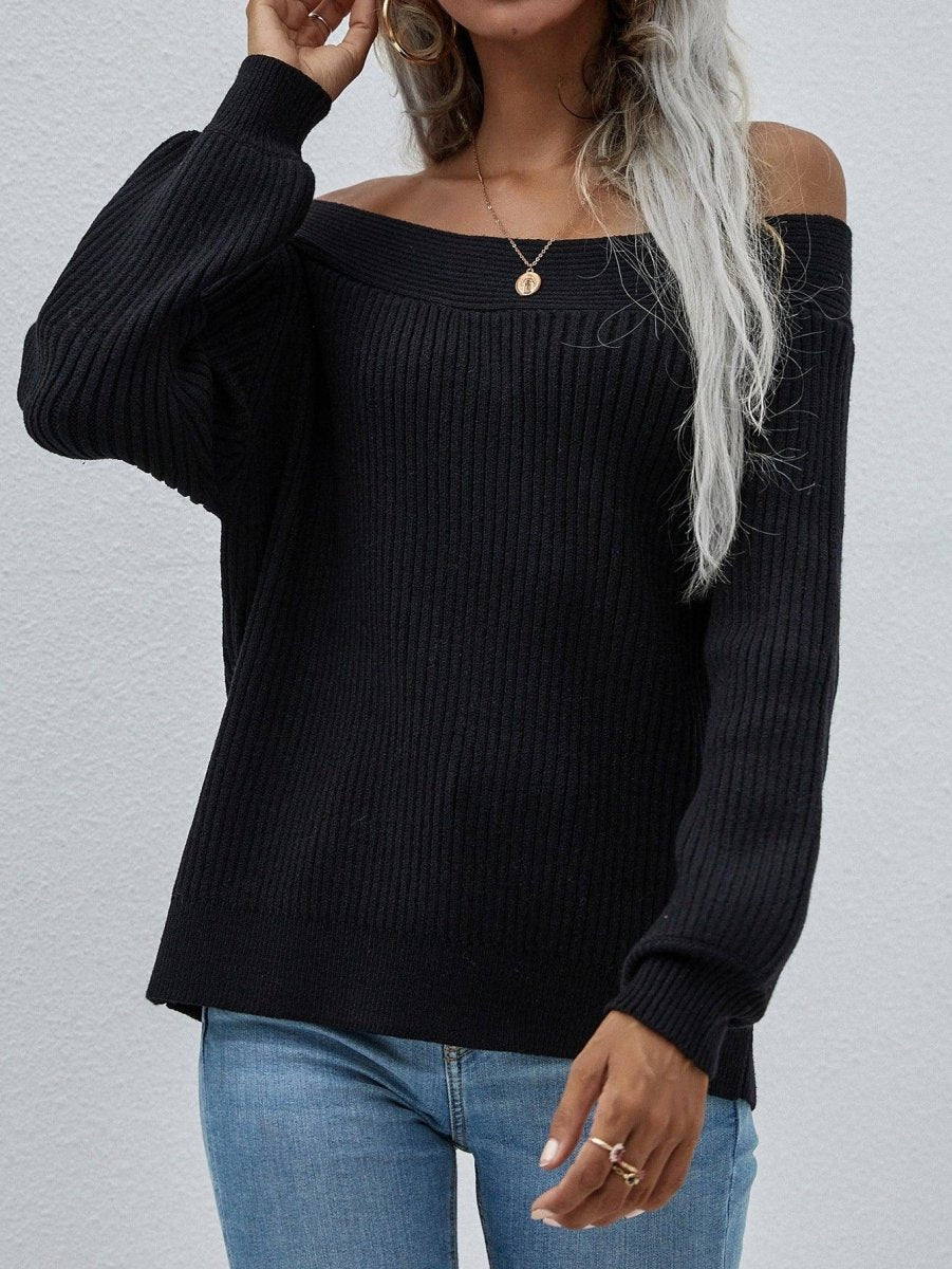 Off - Shoulder Rib - Knit Sweater - Klazzi Fashion Boutique